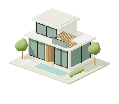 Miniatura conceitual de casa contemporânea pronta, com piscina e jardim.